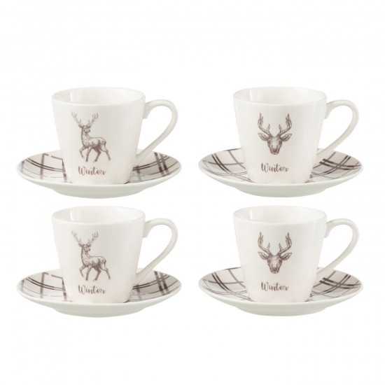 J Line Box Of 4 Tea Cup Saucer Reindeer Windownbox Ceranmics White Brown Large coffee cups.