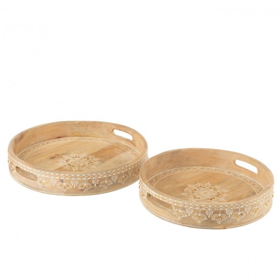 J Line Set 2 Vassoi 2 Manici Perle Legno Di Mango Naturale Bianco Set De 2 Bandejas 2 Asas Cuentas Mango Madera Natural Blanco.