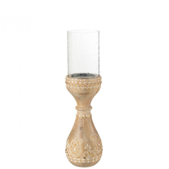 Jline Kandelaar Kralen Mango Hout Naturel Wit Small.