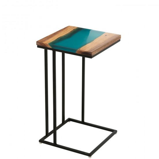 J Line Tavolino Quadrato Legno Di Acacia Resina Naturale Blu Side Table Square Acacia Wood Resin Natural Blue.