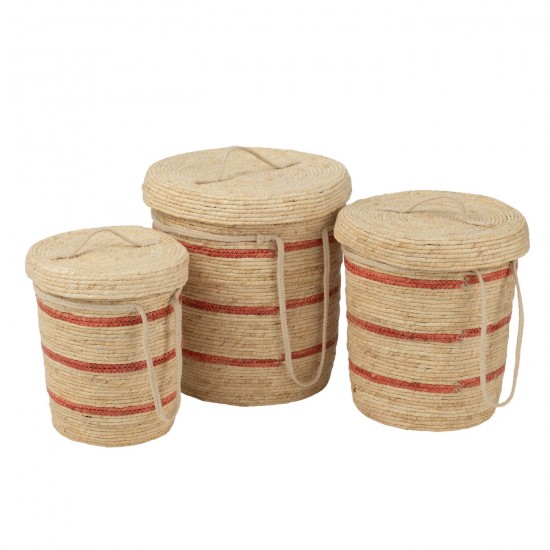 J Line Set Of 3 Basket Stripes Lid Corn Husk Natural Red baskets.