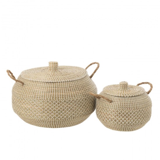J Line Set Of 2 Basket Handles Lid Seagrass Plastic Natural White baskets.