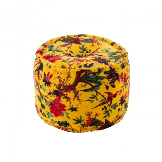 J Line Pouf Round Birds Flowers Cotton Velvet Yellow hassocks footstools.