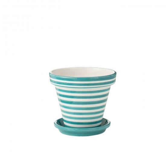 Jline Flowerpot Plate Granada Stripes Handmade Painted Ceramic Aqua Large.