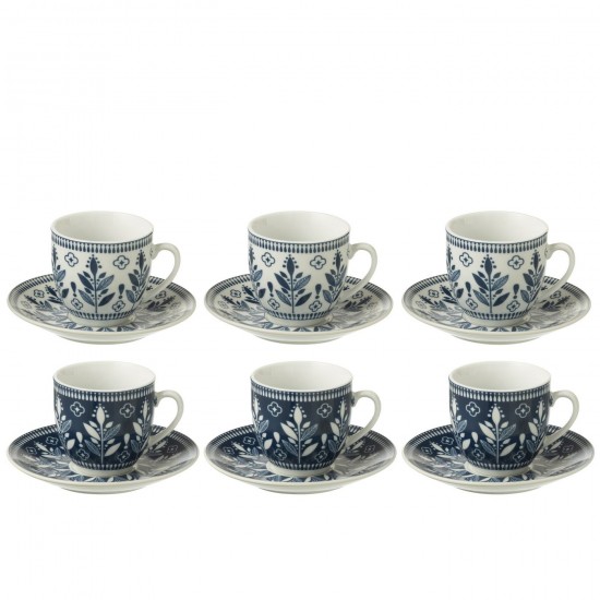 J Line Box Of 6 Coffee Cup Saucer Leaves Ceramics Dark Blue coffee cups.