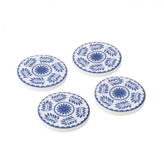 J Line Set Of 4 Coasters Floral Pattern Mango Wood Blue White crockery series Dinnerware.