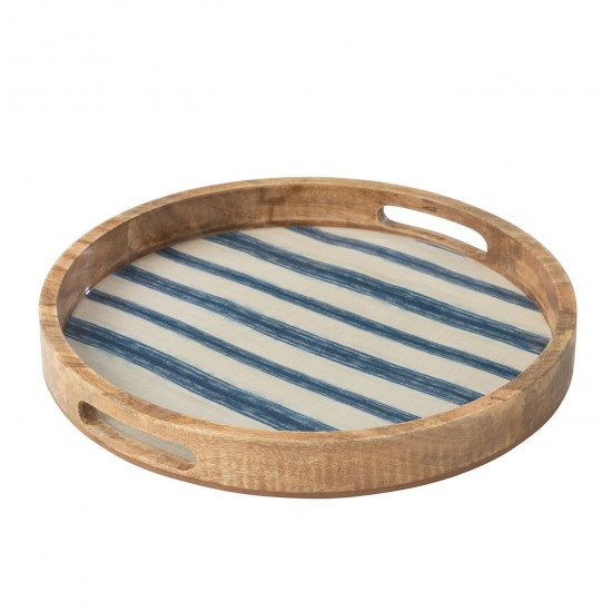 Jline Dienblad Rond Strepen Met Handvaten Mangohout Blauw Wit.