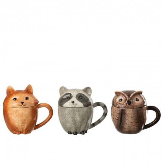 Jline Mok Deksel Dieren Dolomiet Meerkleurig Assortiment Van 3.