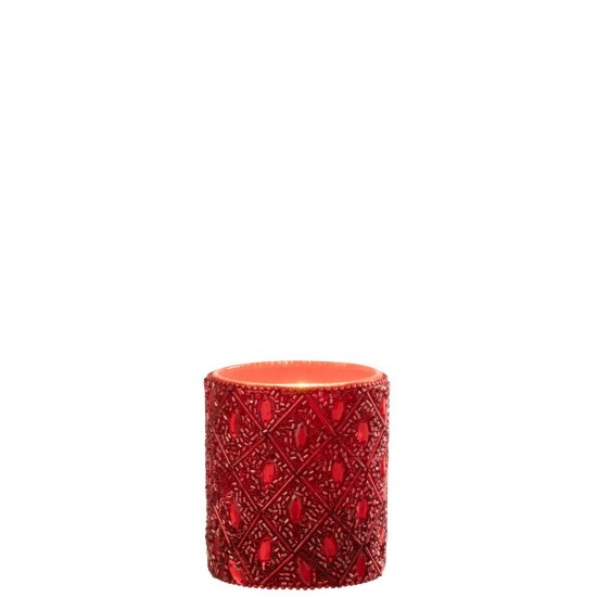 J Line Porta T Light Vetro Perle Rosso Natale Large Portavelas Vidrio Cuentas Rojo Navidad Large.