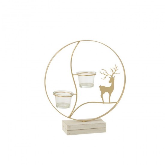 J Line Tealight Holder Reindeer Round Wood Gold Colored White tea lights holders.