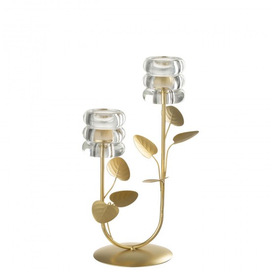 J Line Candle Holder Branch Leaf 2 Parts Iron Gold Colored Transparent candle holders.