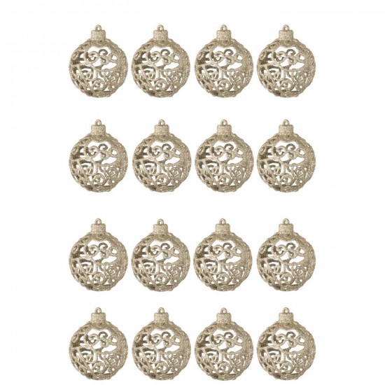 Jline Doos Van 16 Kerstbal Barok Patroon Plastiek Champagnekleurig.