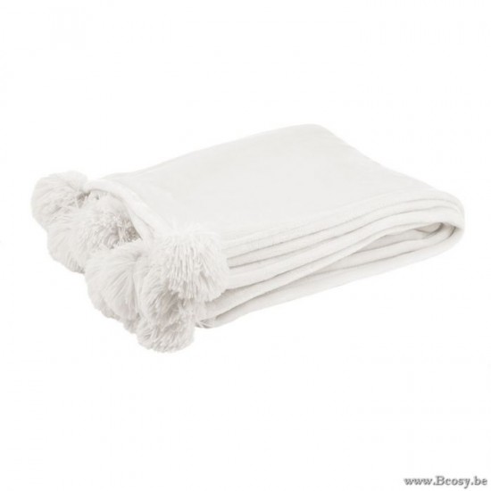 plaids a franges Jolipa Jline Plaid Pompon Polyester Blanc