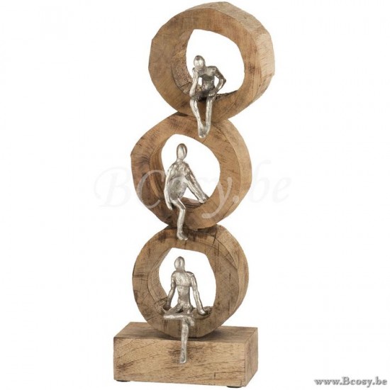 hommes pensants penseurs statuettes Jolipa Jline Personnage 3 Pensif Cercle Bois De Manguier Aluminium Naturel Argent