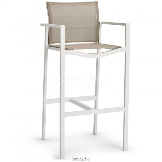 Diphano Alexa Stapelbarer Barhocker 77h Aluminium Weiß Gestell Stoff eine Lage Batyline Sandfarbe.