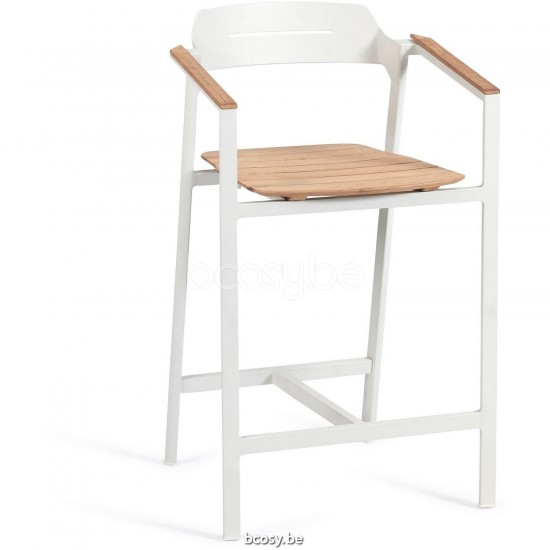 Diphano Icon Tabouret de bar empilable avec accoudoir en teck 120.01 L/R/M Cadre Aluminium blanc Accoudoirs en Teck naturel.
