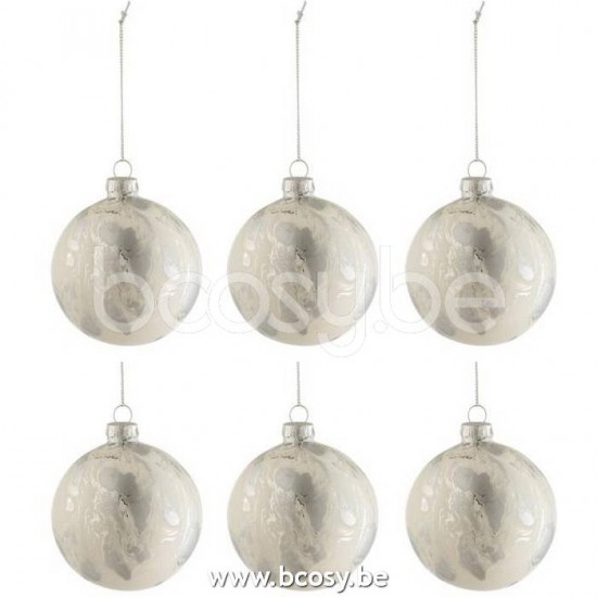 J Line Jline Jolipa 17392 Doos Van 6 Kerstballen Marmerlook Glas Wit Zilver Small