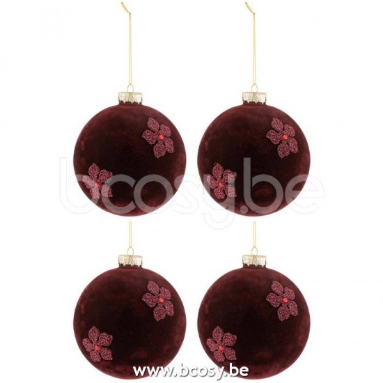 J Line Jline Jolipa 17411 Doos Van 4 Kerstballen Bloemen Fluweel Glas Burgundy Large