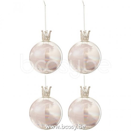 J Line Jline Jolipa 17458 Doos Van 4 Kerstballen Kroon Pluim Licht Roze Glas Klaar Medium