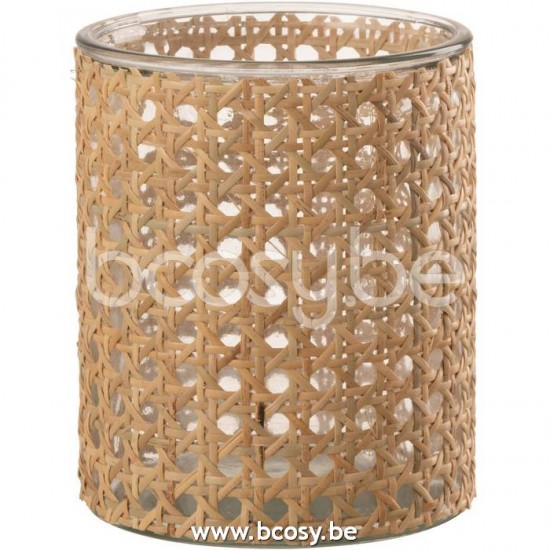 J Line 21052 Theelichthouder Rotan Glas Transparent Large L13xB13xH17 cm T theelichten theelichthouders