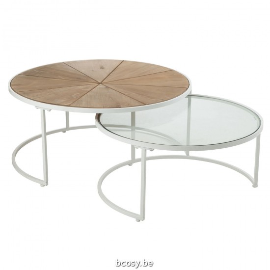 J Line Set 2 Tavolini Relax Metallo Legno Bianco Naturale Set Of 2 Sidetables Relax Metal Wood White Natural.