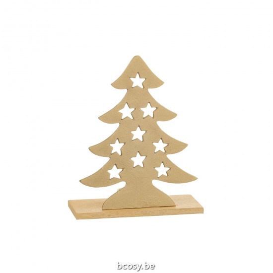 J Line Theelichthouder Kerstboom Aluminium Hout Naturel Goud Large T theelichten theelichthouders waxinelichten JO36242.