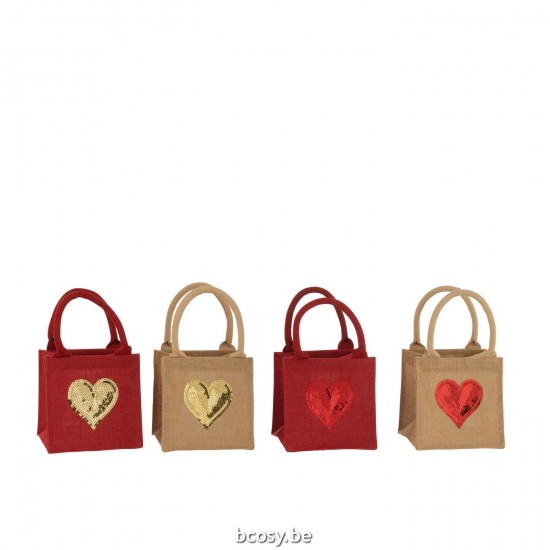J Line Bag Heart Sequin Jute Natural Red Assortment Of 4.