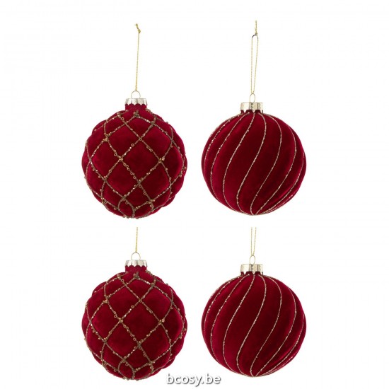 Jline Doos Van 4 Kerstbal 2 2 Lijnen Geruit Fluweel Rood Goud.