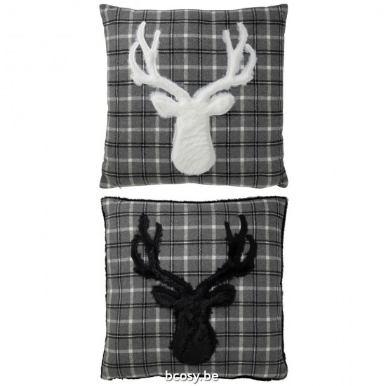 Jline Kissen Stickerei Hirsch Kariert Polyester Schwarz Weiß 2 Sortiert kissen.