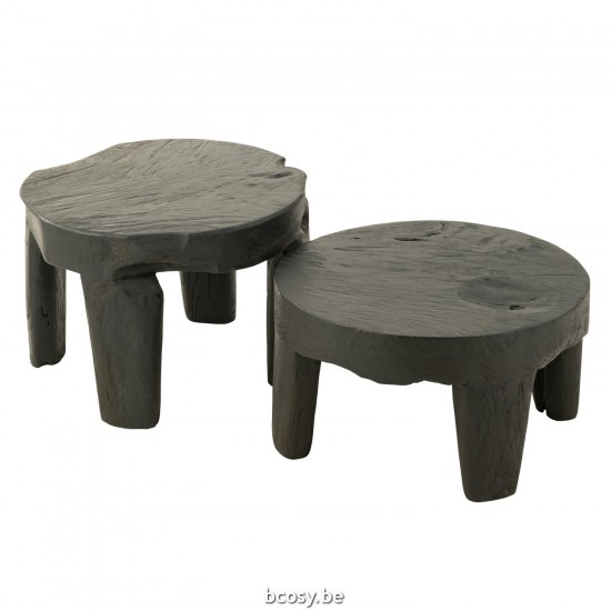 J Line Set Van 2 Tafel Rond Teak Hout Zwart salontafels bijzettafels koffietafels JO43764.