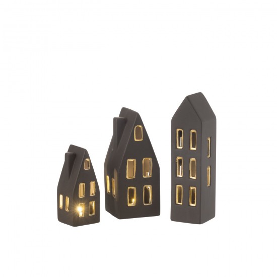 Jline Set Von 3 Häusern Led Porzellan Schwarz Gold haus Haeuser.