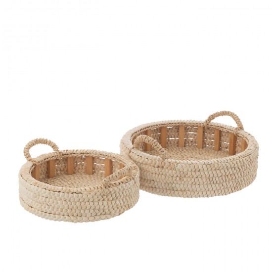 J Line Set Of 2 Tray Round Corn Husk Plywood Natural serving trays.