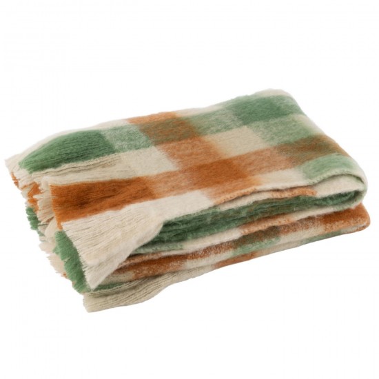 J Line Plaid Checkered Fringes Acrylic White Green Brown throw.