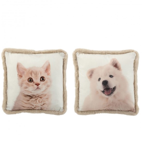 J Line Cushion Dog Cat Edges Fur Polyester White Beige Assortment Of 2 cushion.