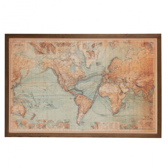 J Line Quadro Led Pile Mappa Mondo Legno Tela Marrone Naturale Marco Led Pilas Mapamundi Madera Lienzo Marron Natural.