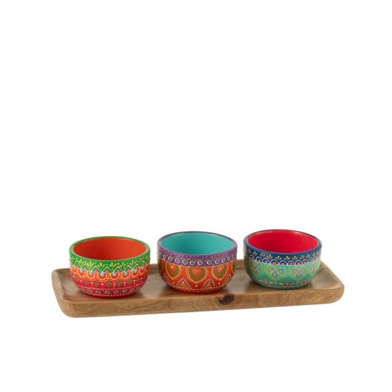 J Line Tray 3 Bowls Mumbai Terracotta Wood Mix bowls.
