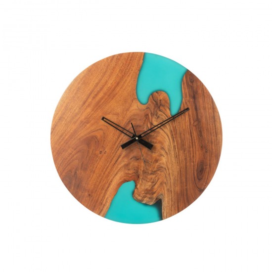 J Line Wall Clock Modern Acacia Wood Resin Natural Blue wall clocks.