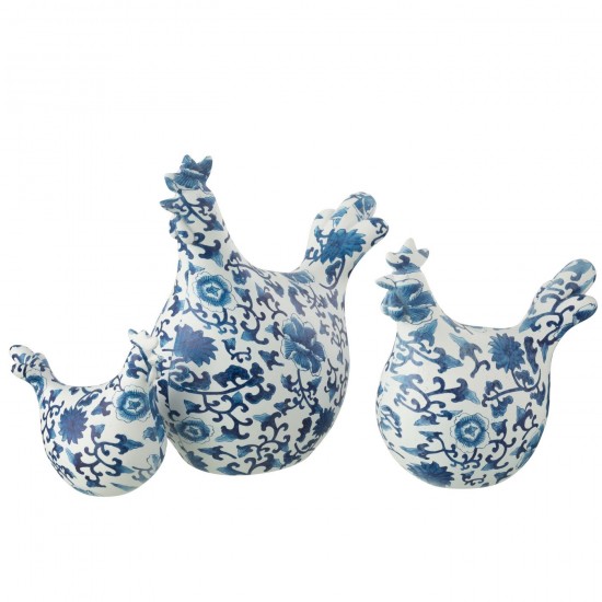 J Line Set Of 3 Rooster Patterns Polyresin Blue White Animals.