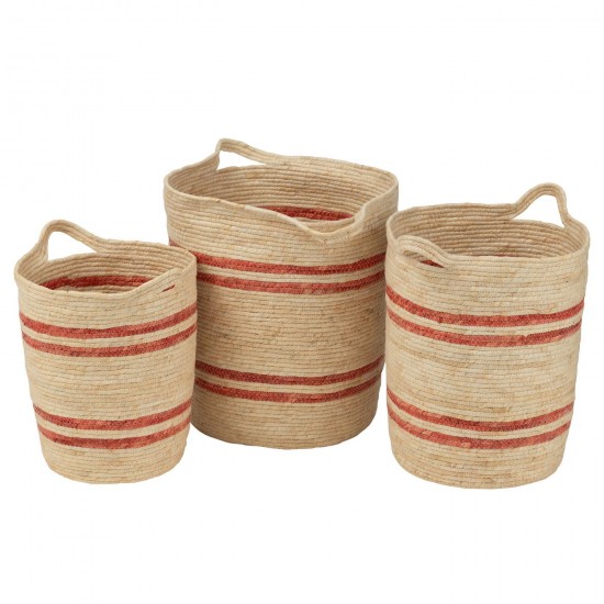 J Line Set Of 3 Basket Stripes Handle Corn Husk Natural Red baskets.