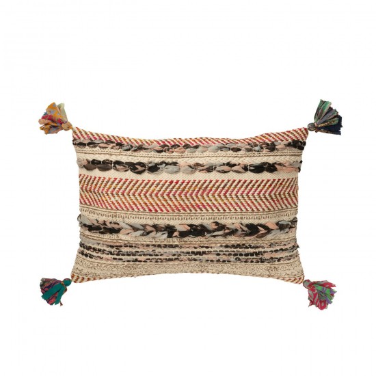 J Line Cushion Rectangle Braided Chindi Tassels Cotton Cream Brown cushion.