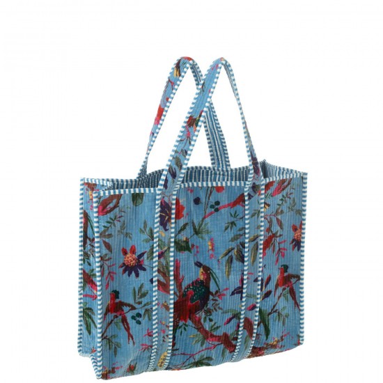 J Line Tote Bag Birds Flowers Cotton Velvet Blue tote bags.