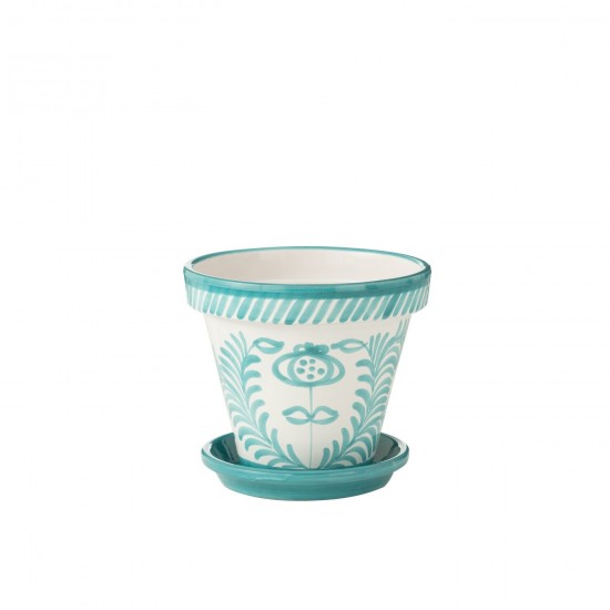 J Line Flowerpot Plate Granada Handmade Handpainted Ceramic Aqua White Large flowerpots.