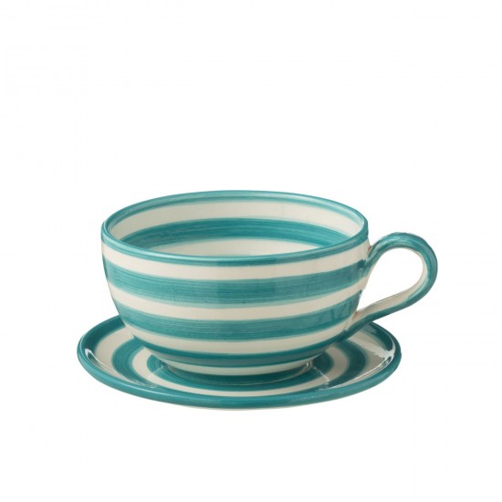 J Line Cup Plate Granada Stripes Ceramic White Aqua crockery series Dinnerware.
