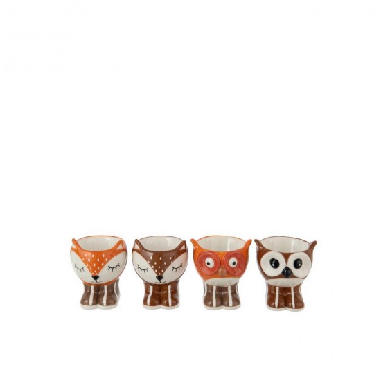 Jline Eierdopje Vos Uil Dolomiet Bruin Camel Assortiment Van 4.