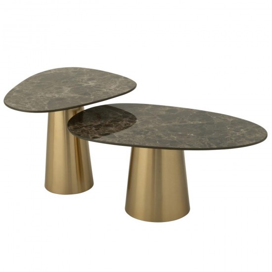 J Line Set Di 2 Tavolino Marble Effect Ferro Bronzo Taupe Juego De 2 Mesa Auxiliar Marble Effect Plancha Bronce Topo.