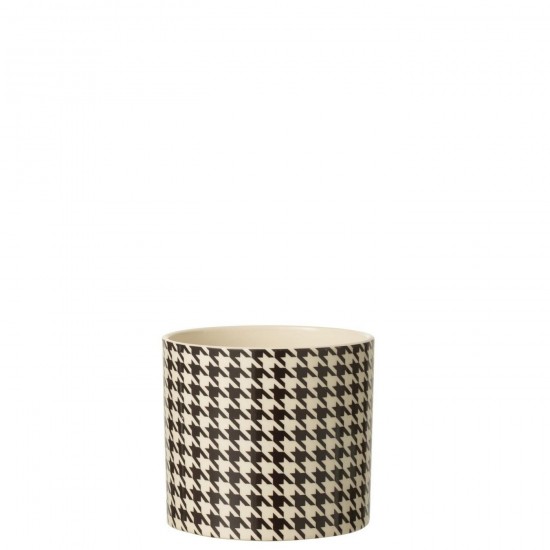 Jline Bloempot Rond Pied De Poule Margo Keramiek Wit Zwart Medium.