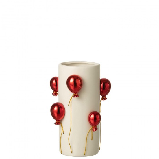 Jline Vaas Ballon Keramiek Wit Kerstrood Small.
