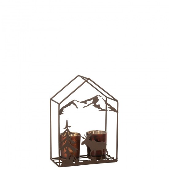Jline Portavelas Casa 2 Vasos Plancha Óxido Marrón.