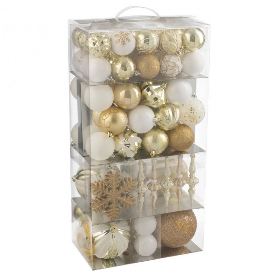 J Line Box Of 80 Christmas Bauble Plastic White Gold Colored box of baubles.