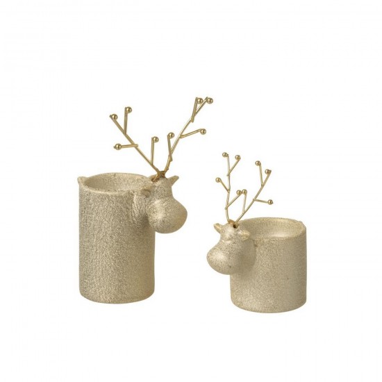 J Line Set Of 2 Tealight Holder Reindeer Porcelain White Gold Colored tea lights holders.